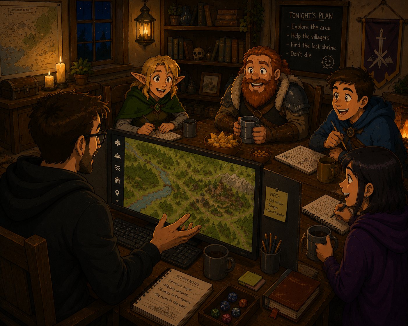 A game master running a live Gleeman scene for the whole table